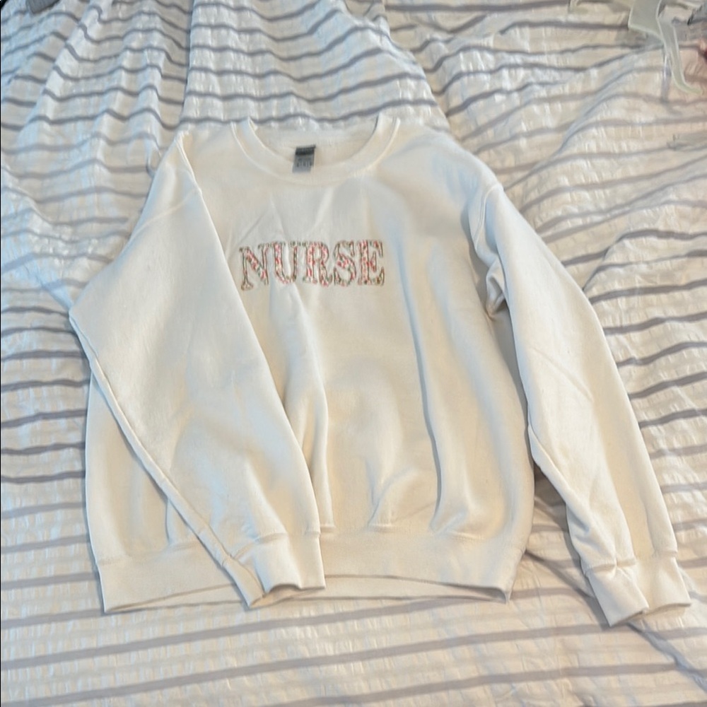 Gildan White Crew Neck Sweater with Pink 'Nurse' Embroidery